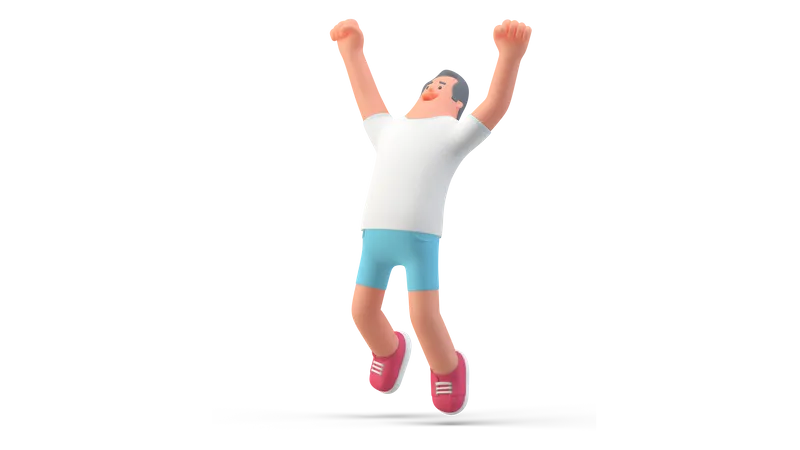 Man in shorts jumping out of joy 3D Illustration