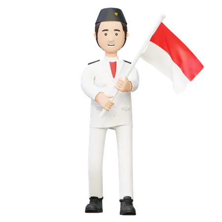 Man In Uniform Flag Hoisting Troop Holding Indonesia Flag Independence Day 3 D Cartoon Illustration 3D Illustration