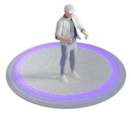 Man in VR Room with scale Boundary 3D Illustration