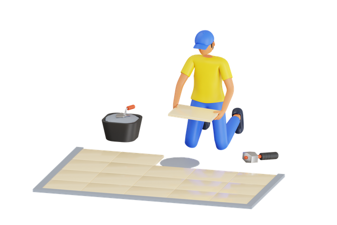 Man Installing Ceramic Floor Tiles  3D Illustration