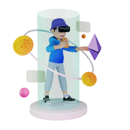 Man investing in crypto using VR tech  3D Illustration