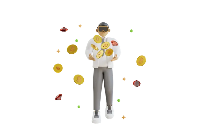 Man investing in crypto using VR tech 3D Illustration