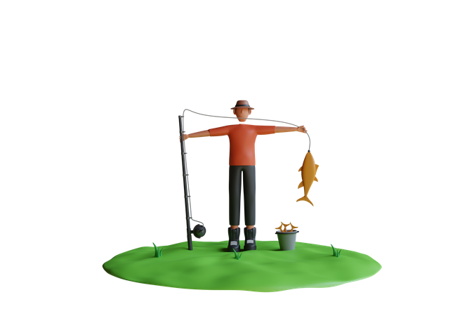 Man is catching fish with fishing rod  3D Icon