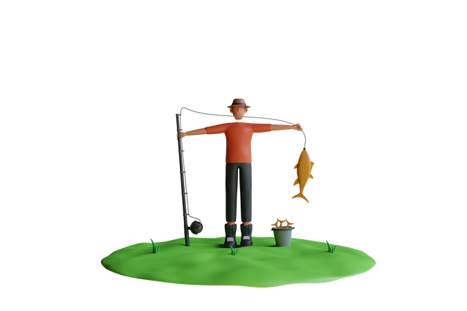 Man is catching fish with fishing rod  3D Illustration