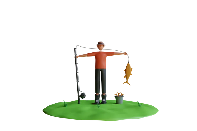 Man is catching fish with fishing rod  3D Illustration