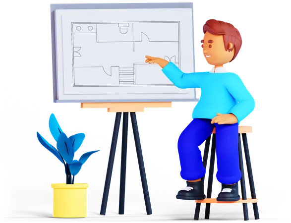 Man Is Explaining Design On Board  3D Illustration