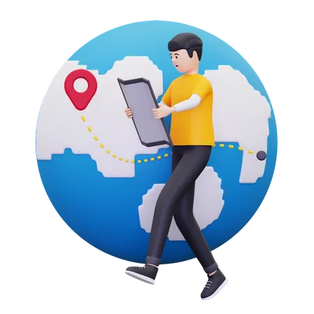 Man Is Looking At A Location On A Map  3D Illustration