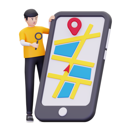 Man Is Looking For A Location Point On A Smartphone  3D Illustration