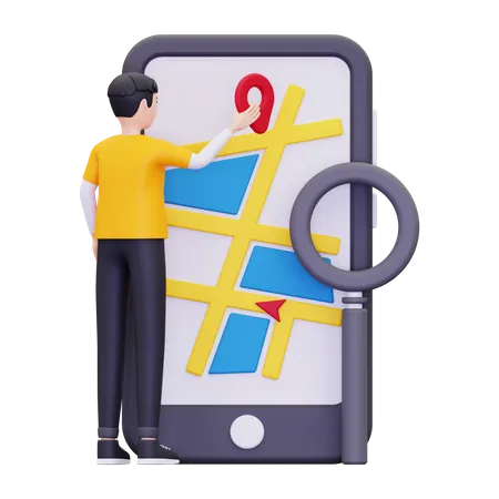 3 D Man Is Looking For A Location Point On A Smartphone Illustration 3D Illustration