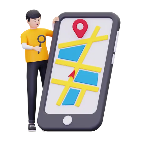 Man Is Looking For A Location Point On A Smartphone  3D Illustration