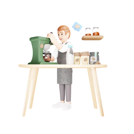 Man is making coffee in mixer  3D Illustration