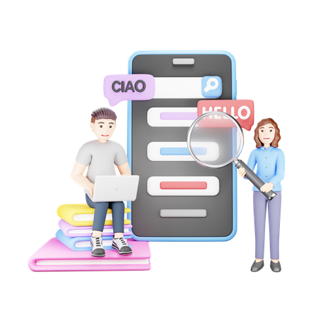 Man is searching for foreign language on mobile application  3D Icon