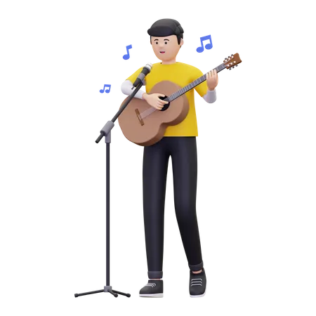 A Man Is Singing A Song While Playing The Guitar 3D Illustration