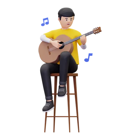 A Man Is Sitting On A Chair While Playing An Acoustic Guitar 3D Illustration