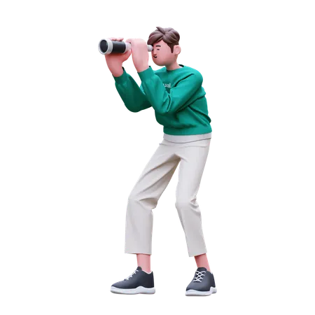 Man is spying through binocular glasses  3D Illustration