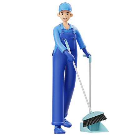 Man Is Sweeping Floor  3D Illustration