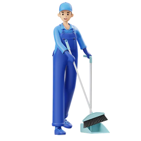 Man Is Sweeping Floor  3D Illustration