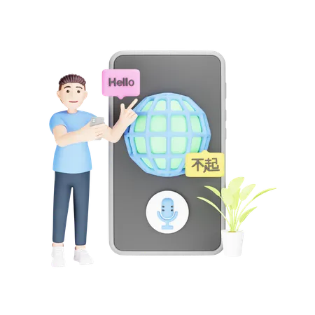 Man is using mobile translator application  3D Illustration