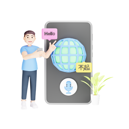 Man is using mobile translator application  3D Illustration