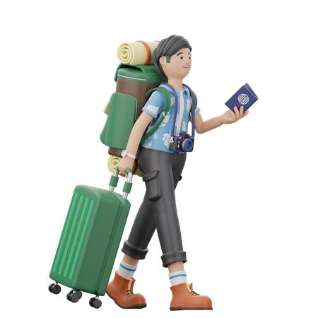Man Is Walking While Holding A Suitcase And Passport  3D Illustration