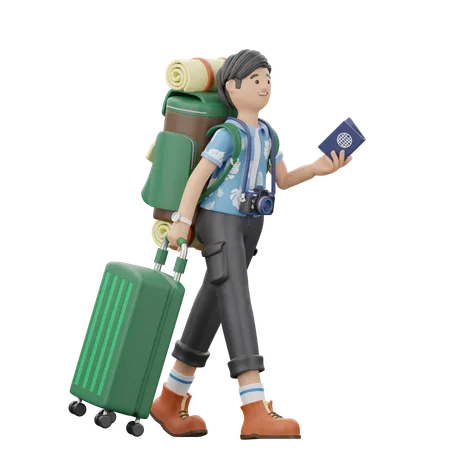 Man Is Walking While Holding A Suitcase And Passport  3D Illustration
