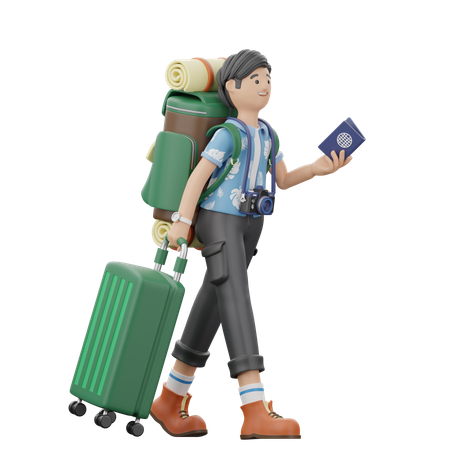 Man Is Walking While Holding A Suitcase And Passport  3D Illustration