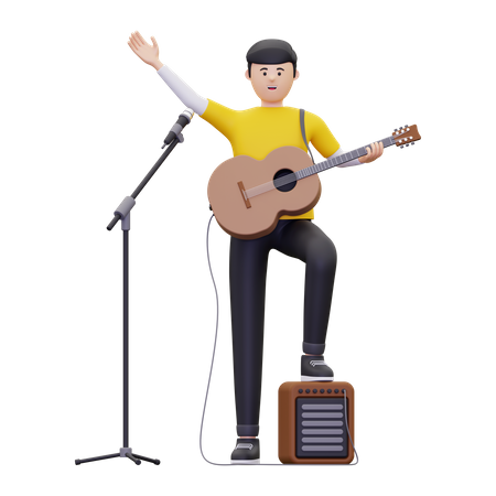 Man Is Waving While Holding A Guitar  3D Icon