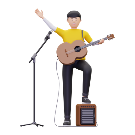 Man Is Waving While Holding A Guitar  3D Illustration