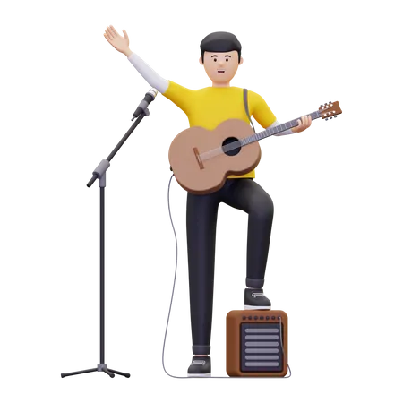 Man Is Waving While Holding A Guitar  3D Illustration