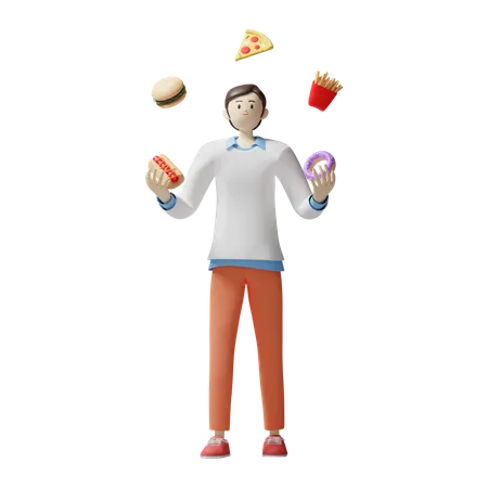 Man juggling with fastfood 3D Illustration