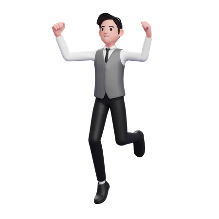 Man jumping in the air wearing a gray office vest  3D Illustration