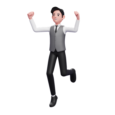 Man jumping in the air wearing a gray office vest 3D Illustration