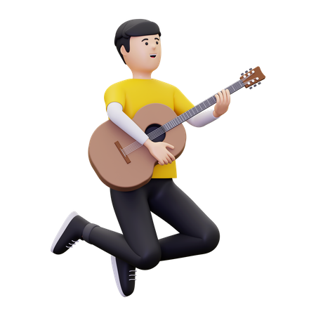 Man Jumps While Carrying A Guitar  3D Illustration
