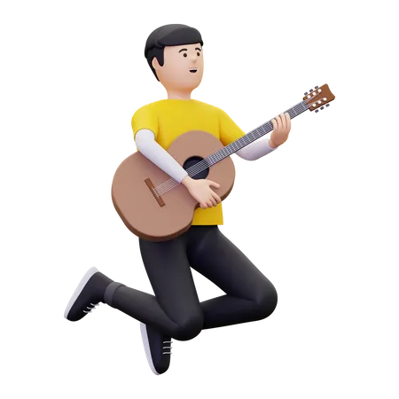 A Man Jumps While Carrying A Guitar 3D Illustration