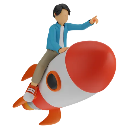 3 D Character Man Ride A Rocket 3D Illustration