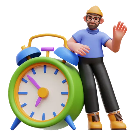 Man Leaning On Alarm Clock  3D Illustration
