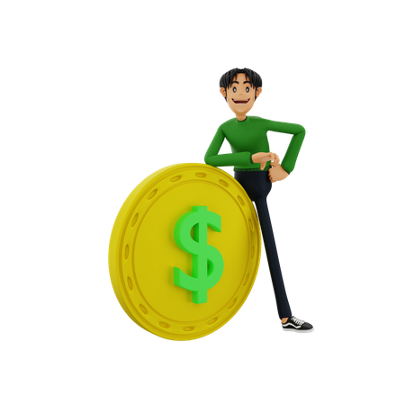 Man leaning on dollar coin  3D Illustration