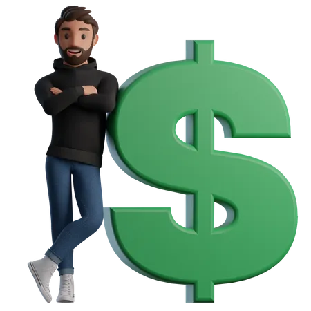 Man leans on the dollar sign  3D Illustration