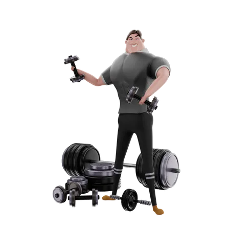 Man lifting dumbbell in gym 3D Illustration
