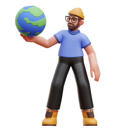 Man Lifting Earth  3D Illustration