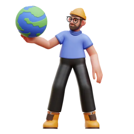 Man Lifting Earth  3D Illustration