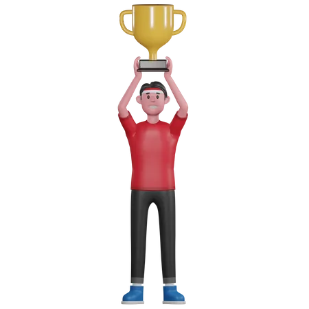 Man Lifting Trophy  3D Illustration