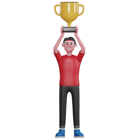 Man Lifting Trophy  3D Illustration