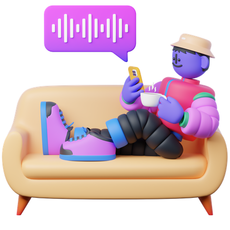 Man Listening to Podcast while Sitting on Couch  3D Illustration