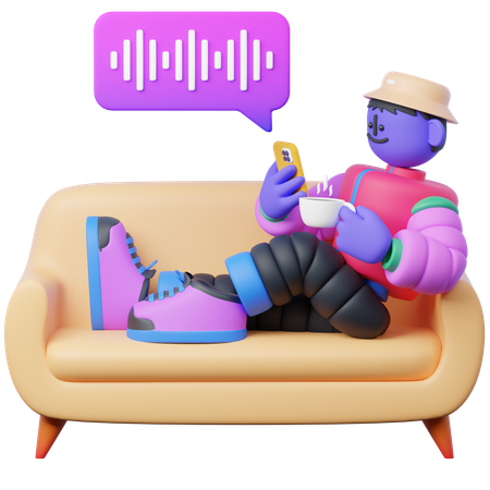 Man Listening to Podcast while Sitting on Couch  3D Illustration