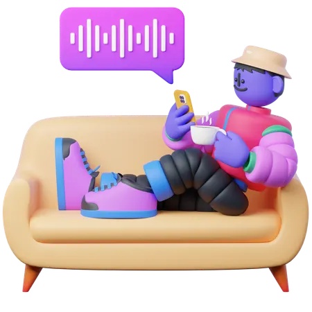 Man Listening to Podcast while Sitting on Couch  3D Illustration