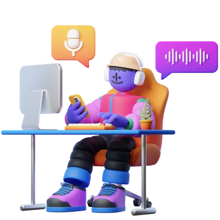 仕事をしながらポッドキャストを聞く男性  3D Illustration
