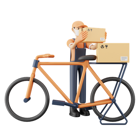 Man loading delivery boxes on bicycle  3D Illustration