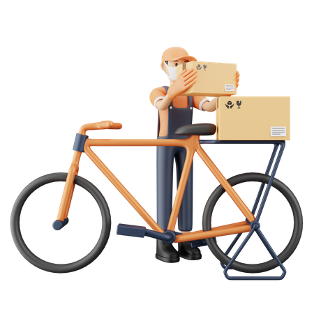 Man loading delivery boxes on bicycle 3D Illustration