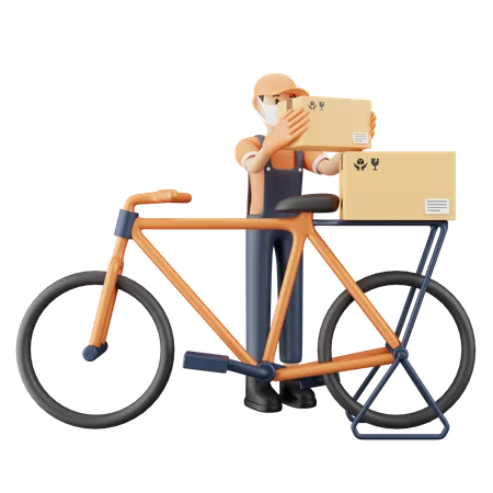 Man loading delivery boxes on bicycle  3D Illustration